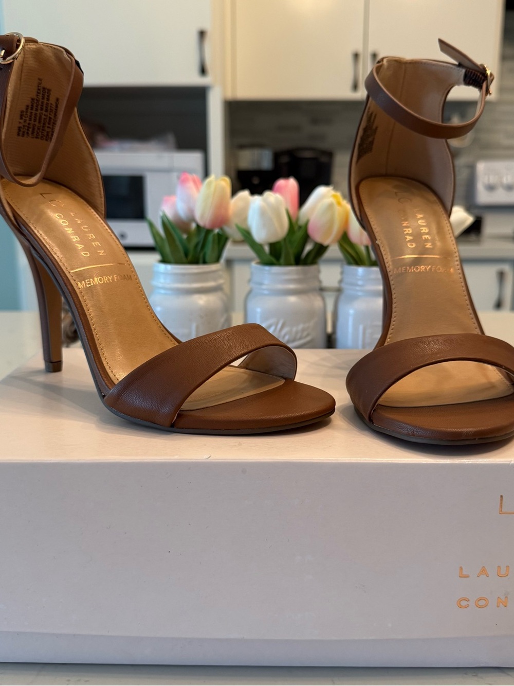 LC Lauren Conrad Brown Open-Toe Ankle-Strap Heels